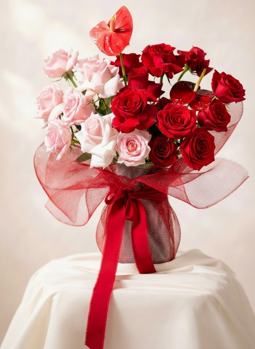 Premium red and blush roses with sculptural anthurium. Romantic, modern, and designed to make a lasting impression.