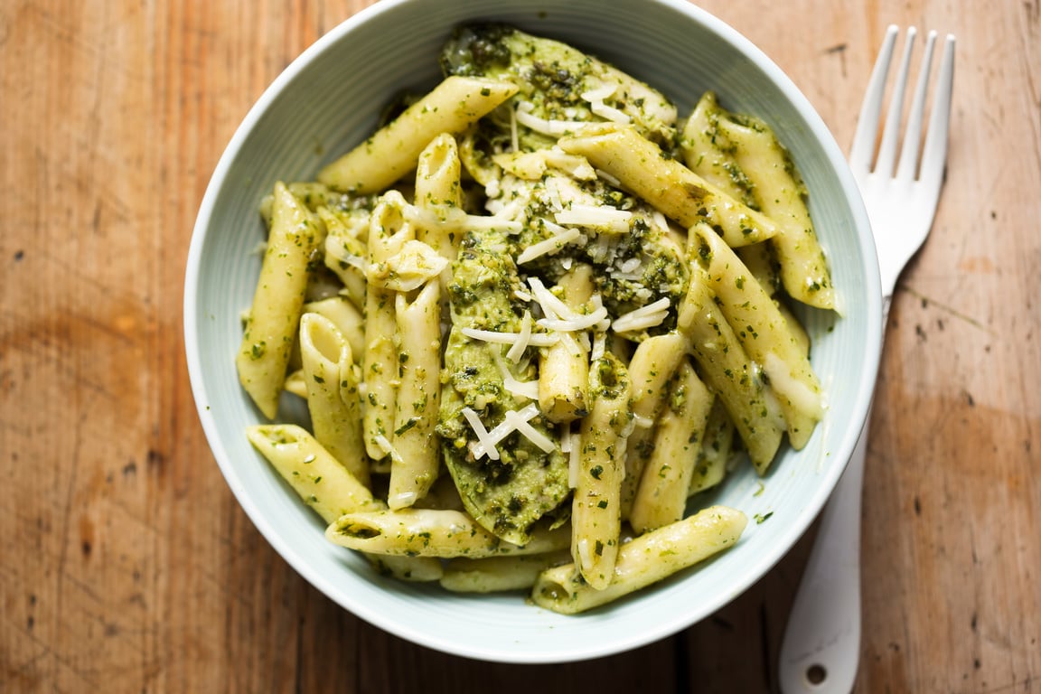 Green pesto chicken pasta with parmesan